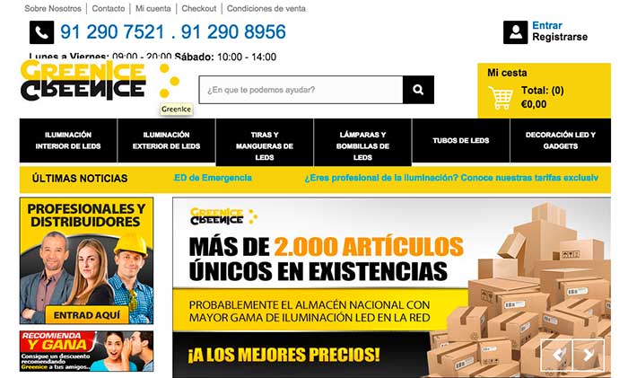 Green Ice destaca tener más de 2000 artículos en existencias en su hero image