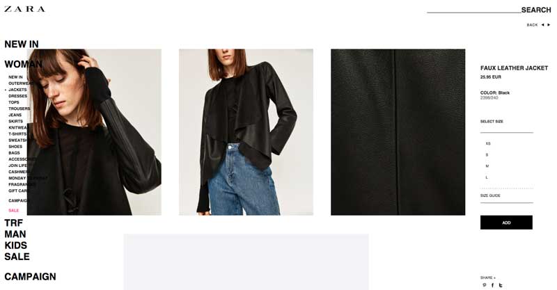 Te puede gustar más o menos el estilo de las imágenes de Zara, pero cometen sus errores, y algunos de ellos muy flagrantes como el no controlar que las imágenes molesten en la experiencia de compra.